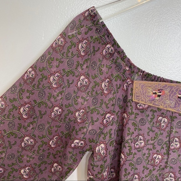 Anthropologie Lux Sheer Purple Floral Pullover Top w/Gold Embroidery Front Sz M - Picture 4 of 11